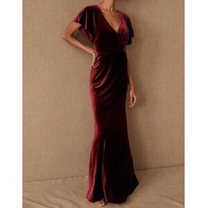 BHLDN Jenny Yoo Ellis Flutter-Sleeve Open-Back Stretch Velvet Gown Dark Berry 12